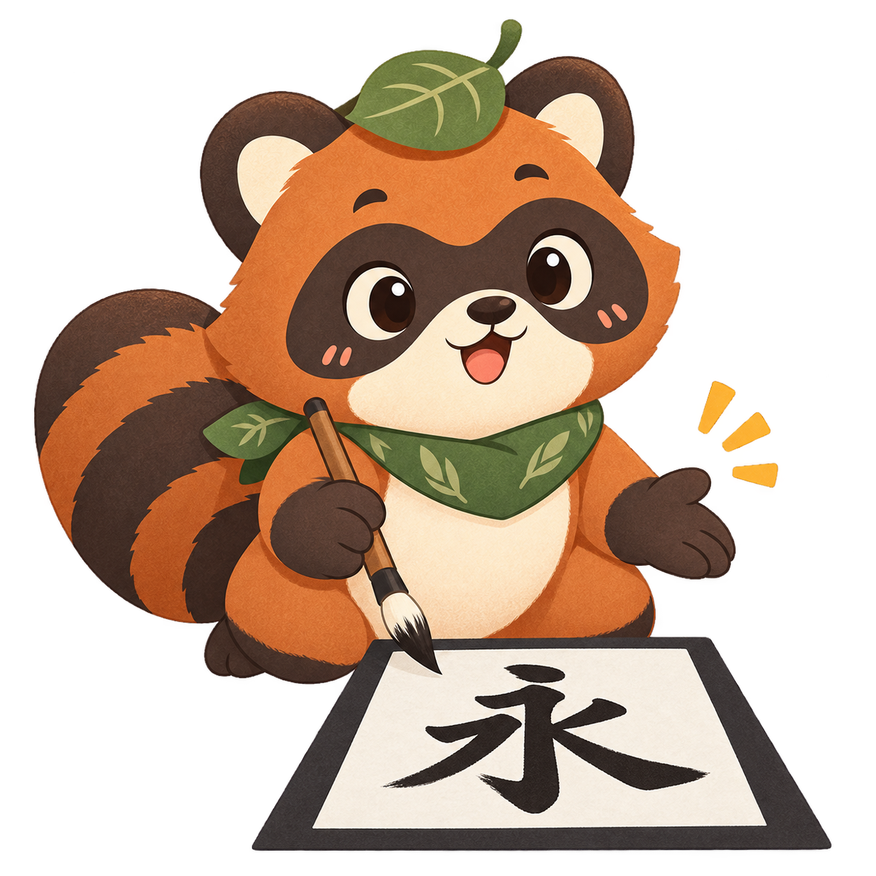 Kenta holding a calligraphy brush beside the kanji for eternity
