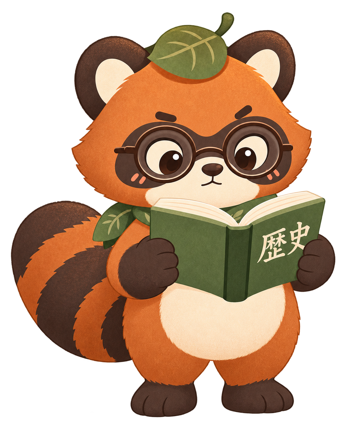 Kenta the tanuki standing in scholarly glasses and studying a history book intently