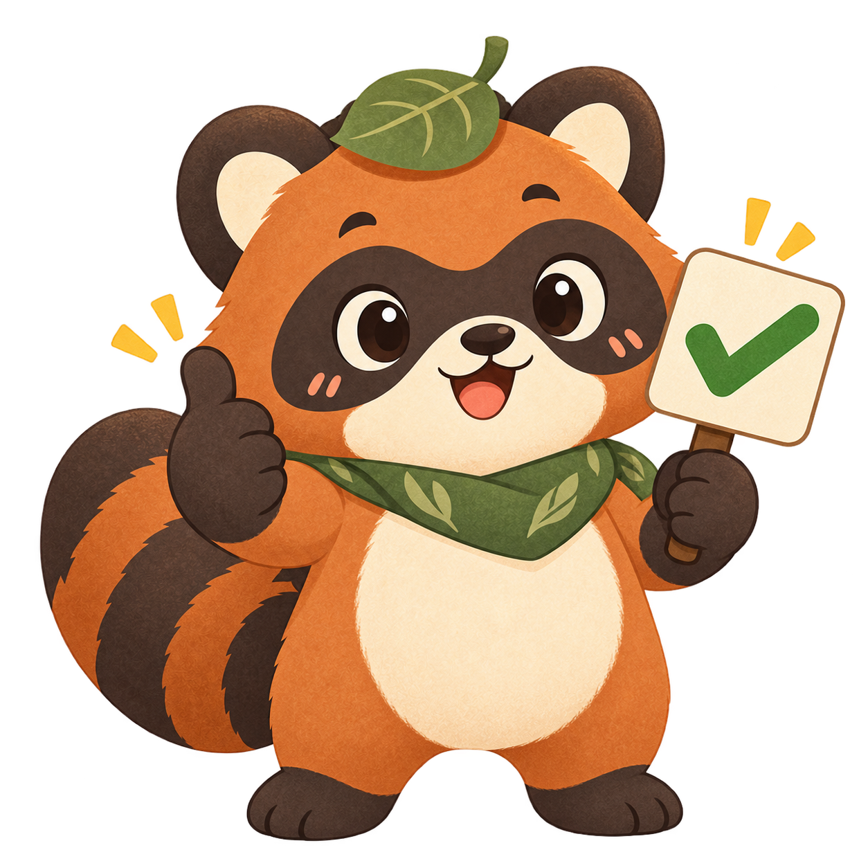 Kenta the tanuki cheering you on with a correct-answer sign