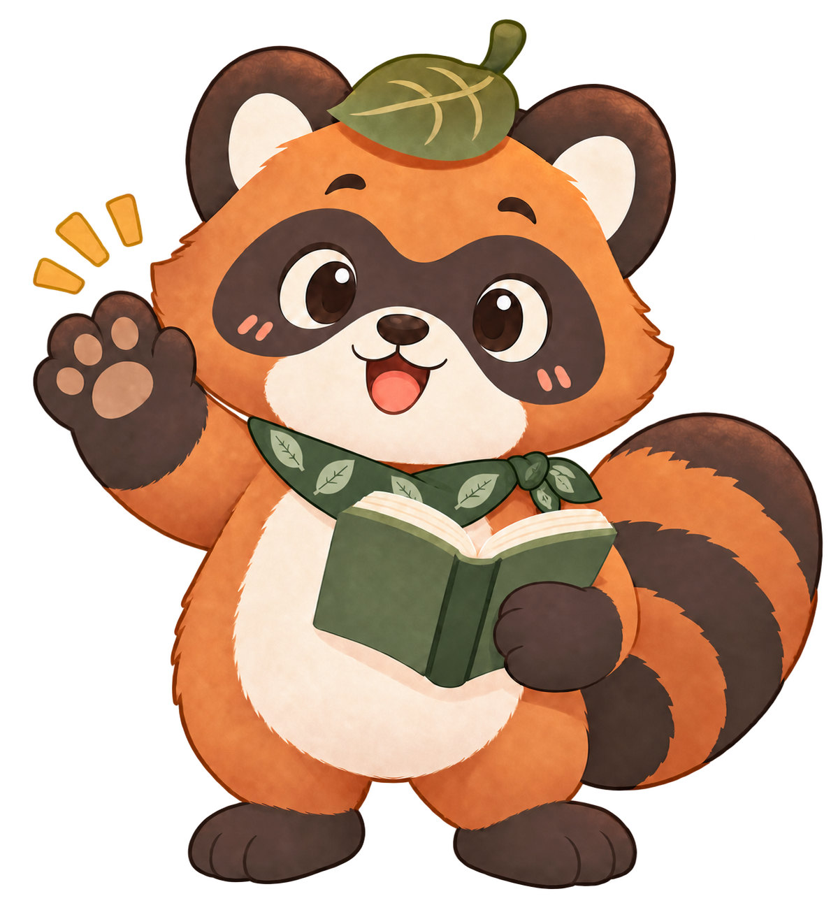 Kenta the tanuki waving and welcoming you to learn kanji, wearing a leaf-patterned bandana scarf